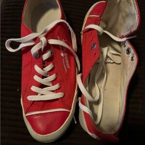 Red Armani Jeans tennis shoes, unisex men’s size 7.5/40.5!!!!